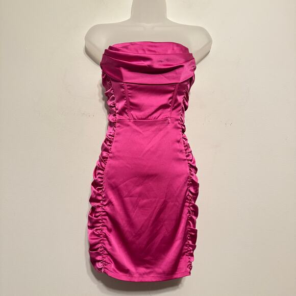 Sage + Paige Dress Womens Small Hot Pink Satin Ruched Side Mini Barbie Party - Picture 3 of 8